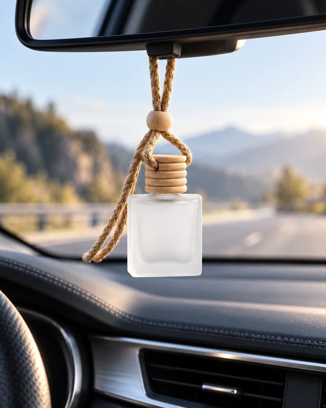 Lucid car fragrance hanging from a rear-view mirror on the road