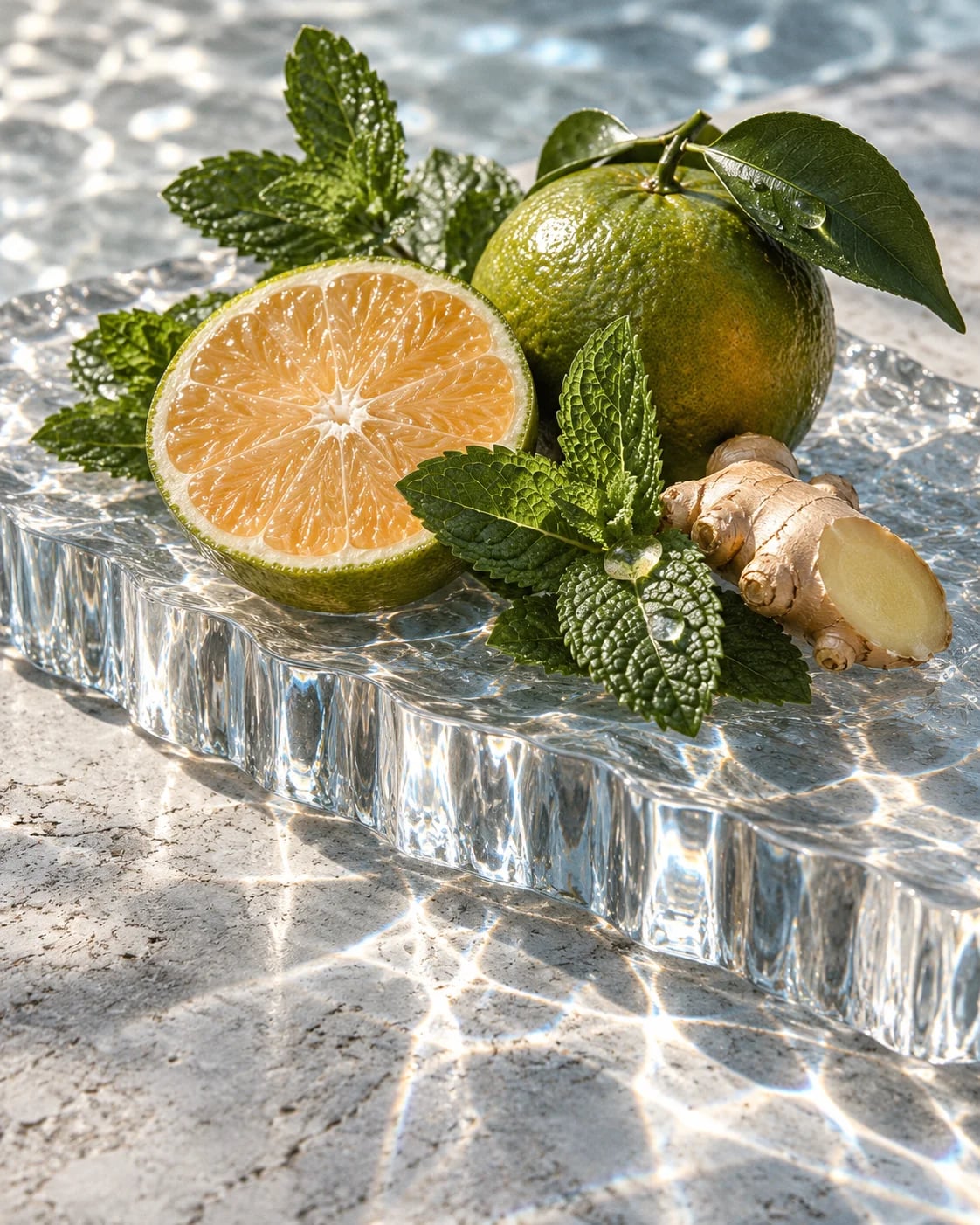 Green mandarin, mint, and ginger on fluted glass in refracted sunlight
