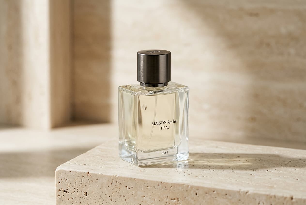 AURĒ Extrait de Parfum bottle on warm travertine stone — Quiet Luxury photoshoot