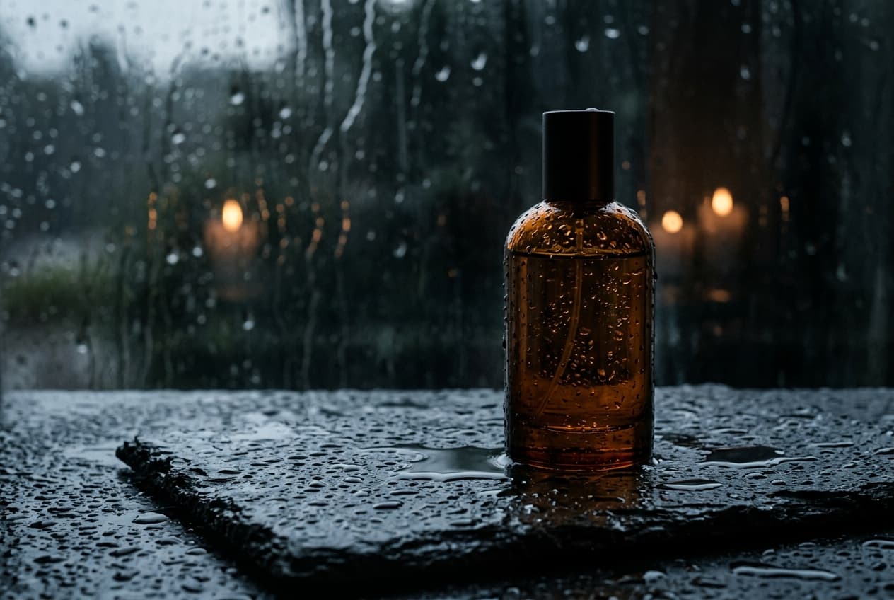 Perfume in the monsoon — AURĒ 42% extrait de parfum bottle in rain-slicked dark slate